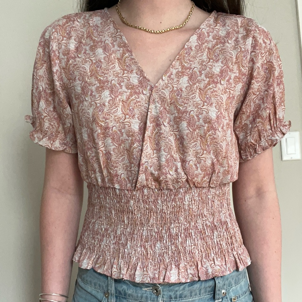 Paper Crane Pink Puff Sleeve Smocked Blouse